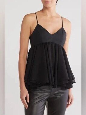 Parker Faux Leather Chiffon Tank Top Vegan Black Peplum